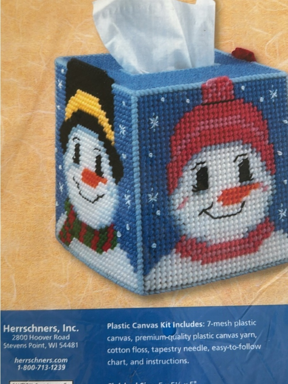 Brand New Herrschners Frosty Snowmen Blue Tissue Box Cover canvas kit #570160 - Picture 2 of 4